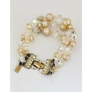 VENDOME Vintage Triple Strand Bracelet Crystal Faux Pearl Signed 7.25inch
